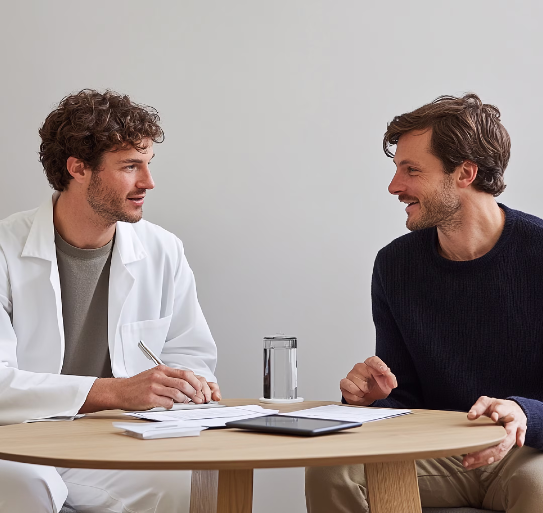 Two consultants reviewing project plans at a desk