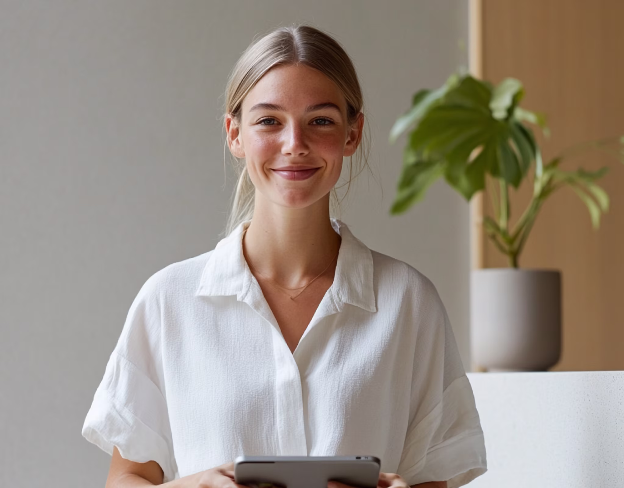 Hospitality worker holding tablet