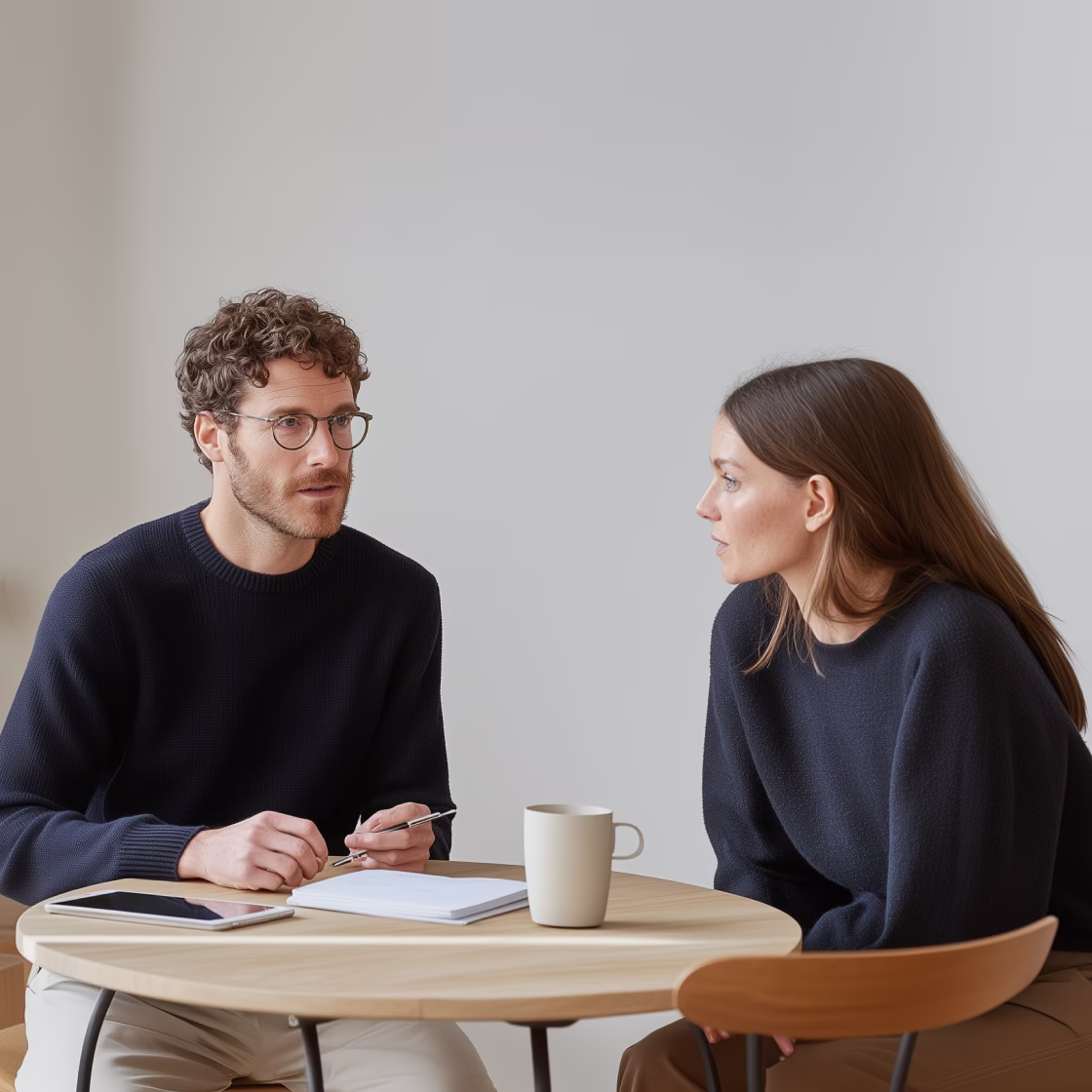 Two colleagues in discussion at a table